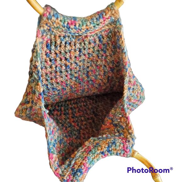 Vintage Crochet Knit Tote Bag Double Bamboo Handles Handmade Casual Cottage - Picture 3 of 9